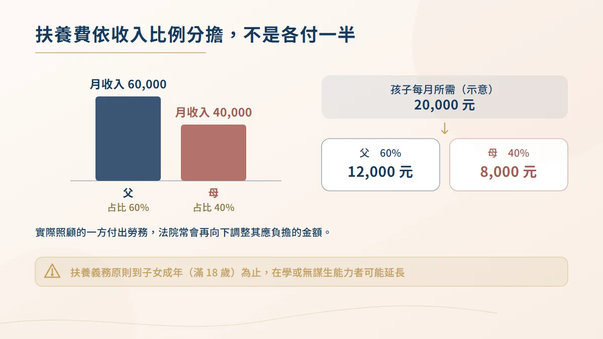 子女扶養費依收入比例分擔的計算圖,父母月收入六萬與四萬對應六比四,每月兩萬元由父負擔一萬二千元、母八千元