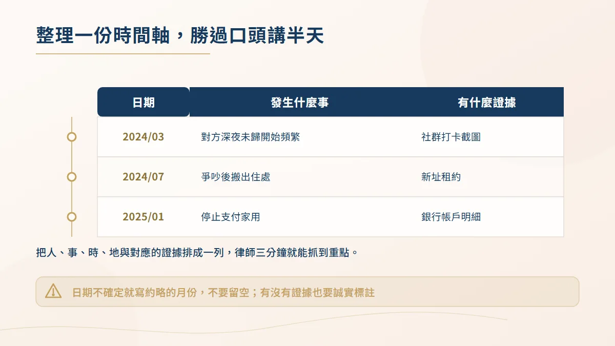 婚姻事件時間軸整理範例圖,以日期、發生什麼事與有什麼證據三欄記錄,供律師快速掌握案情