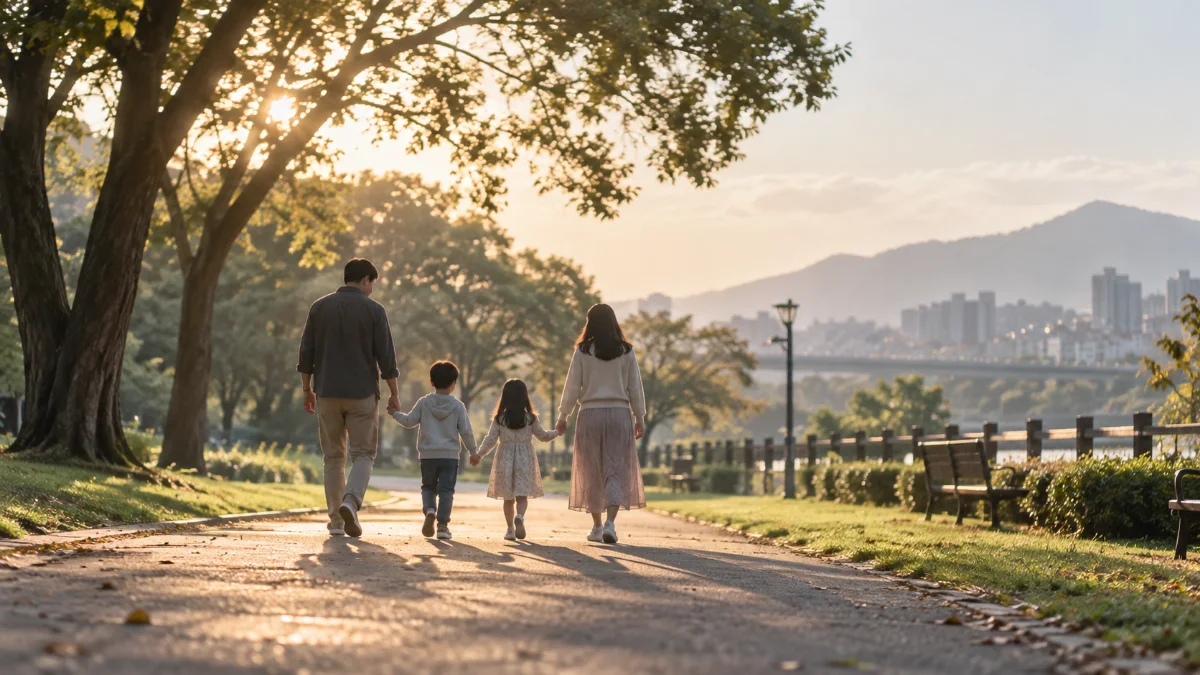 父母與兩個孩子牽手在公園步道散步的背影,夕陽逆光,示意離婚後仍共同參與子女的生活