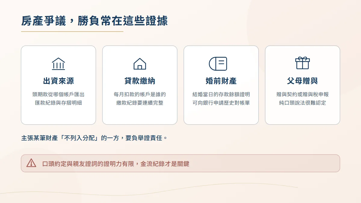 房產爭議的舉證清單圖,包含出資來源匯款紀錄、貸款繳納帳戶、婚前存款餘額證明與父母贈與契約