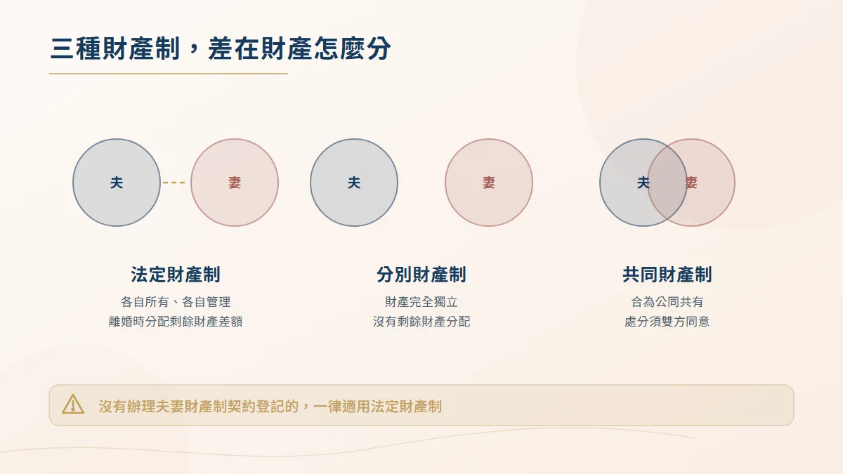 法定、分別與共同三種夫妻財產制的財產歸屬示意圖,以圓形的分合表現各制下夫妻財產的獨立與共有關係