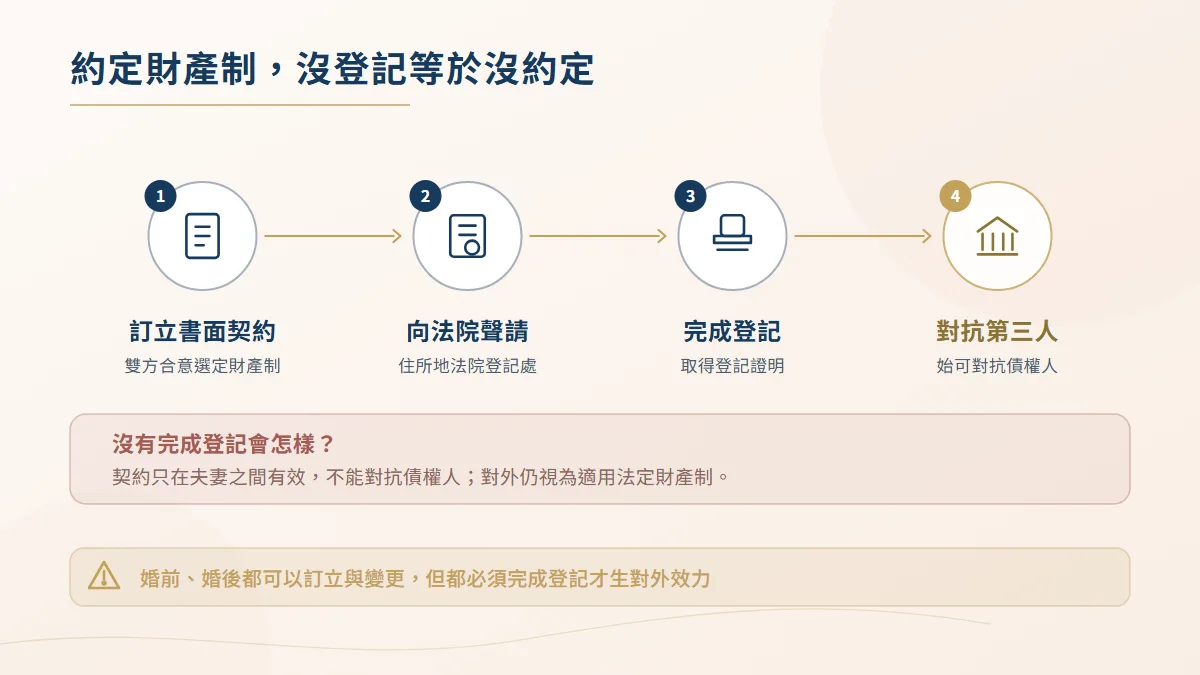 夫妻財產制契約登記流程圖,依序為訂立書面契約、向法院登記處聲請、完成登記,始能對抗第三人