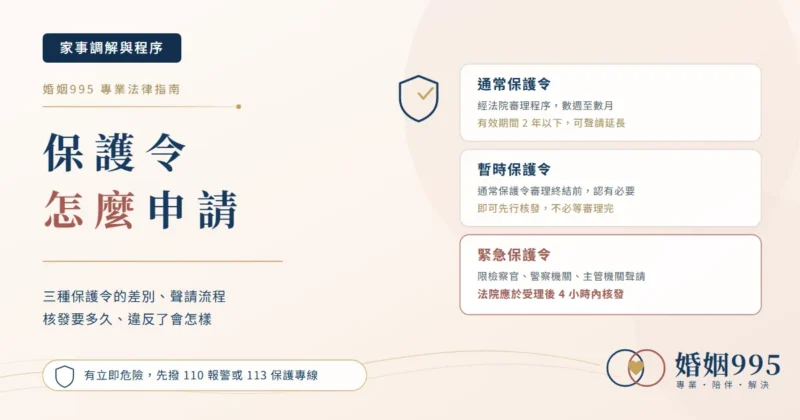 保護令的三種類型、聲請流程與違反效果示意圖，比較通常、暫時與緊急保護令的核發速度與有效期間