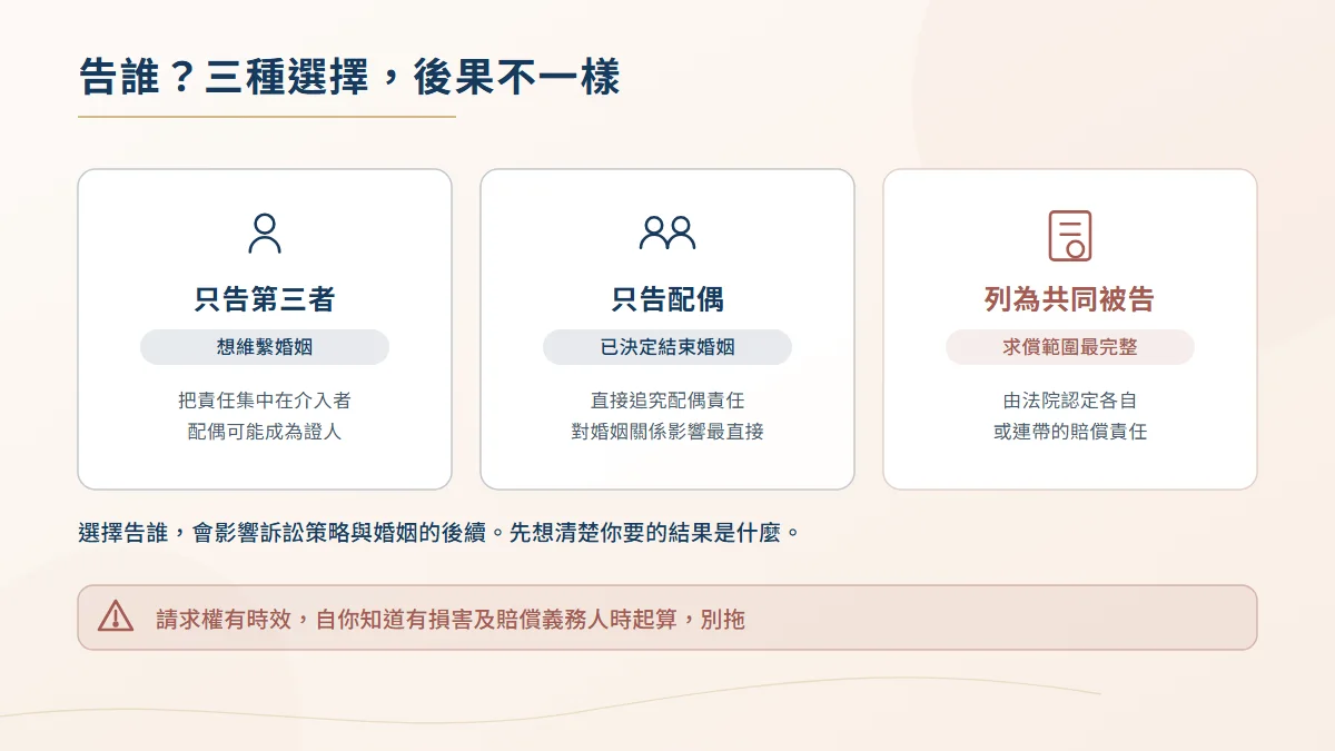 侵害配偶權求償對象的三種策略選擇圖,分別為只告第三者、只告配偶或將兩人列為共同被告